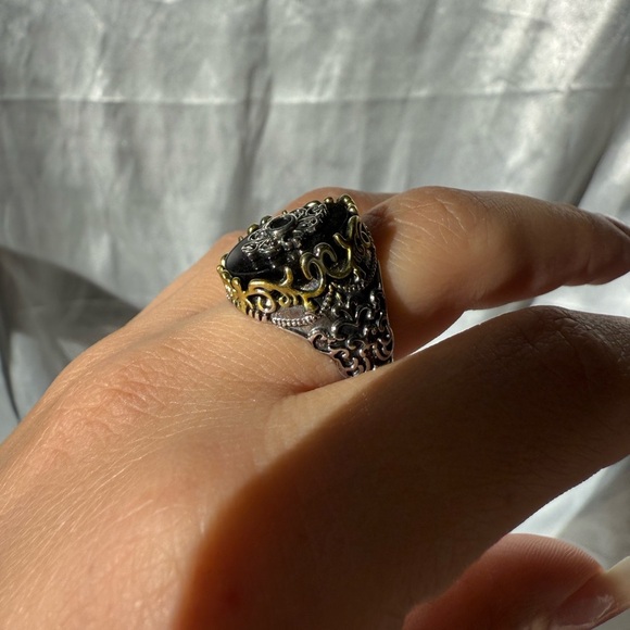 Men jewelry black stone vintage Silver Band Ring adjustable - Picture 4 of 6